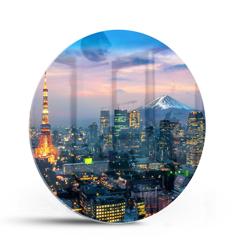 Glazen schilderij van Tokyo met de Tokyo Tower en Mount Fuji in de achtergrond