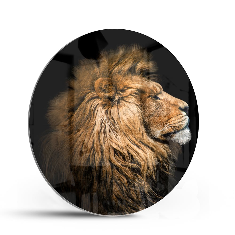 Glazen schilderij van een leeuw met rijke, gouden manen tegen een zwarte achtergrond.