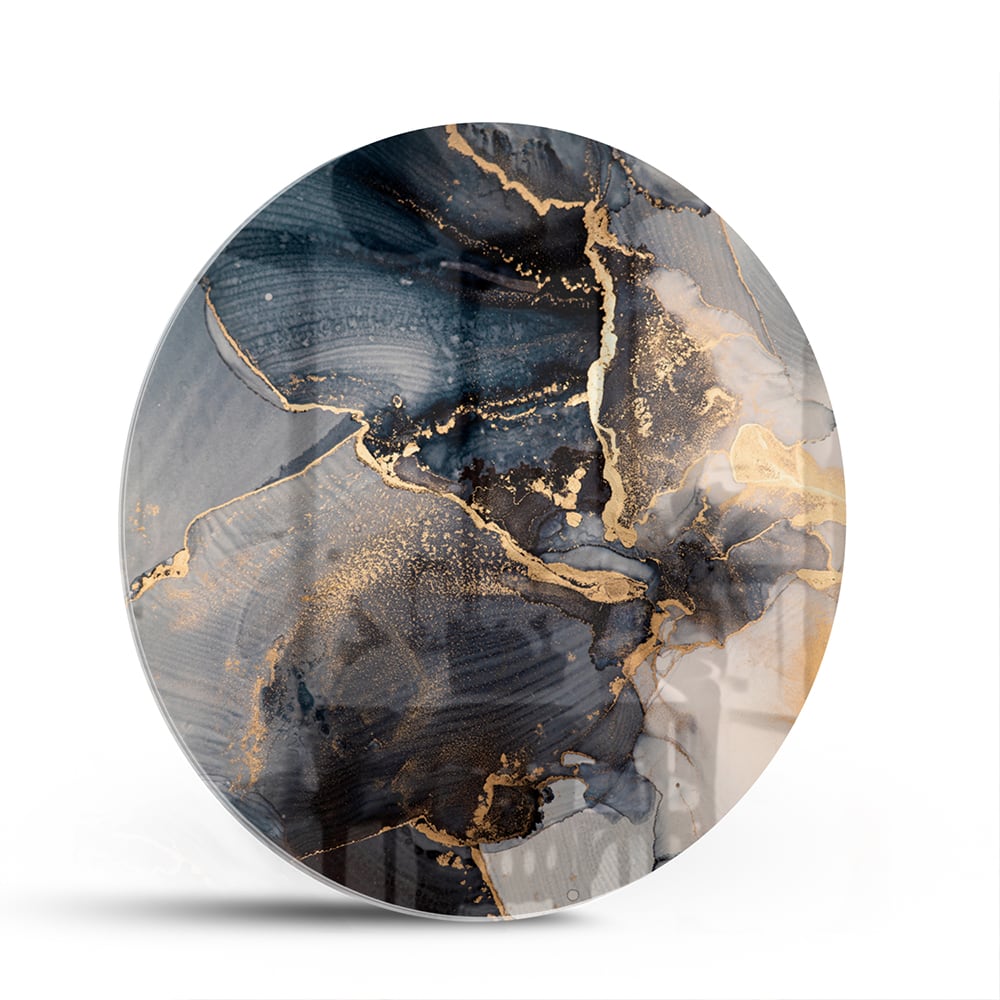 Elegant glazen schilderij met blauwe en gouden abstracte lagen
