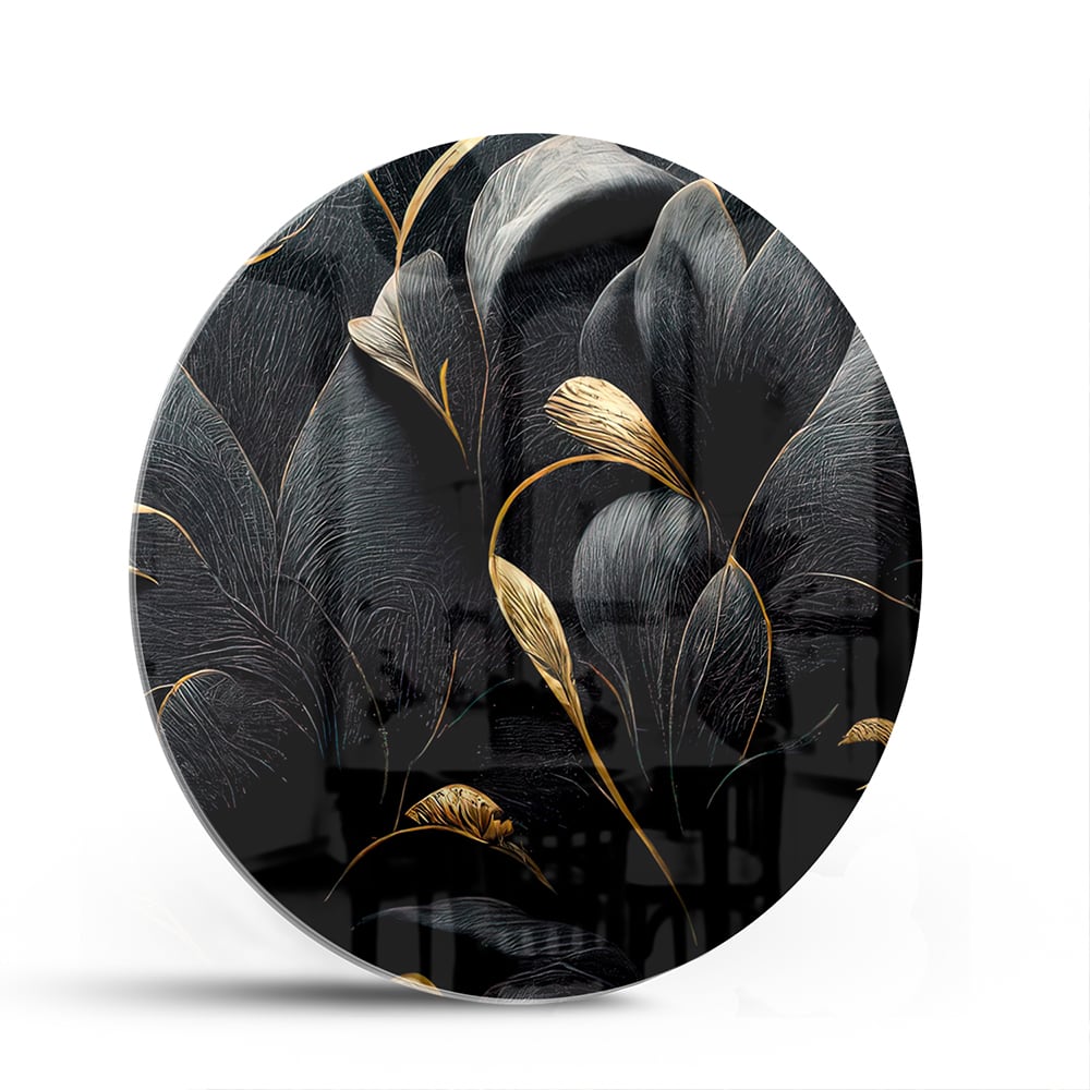 Glazen schilderij met gouden bladeren op een zwarte achtergrond, perfect voor interieur decoratie.