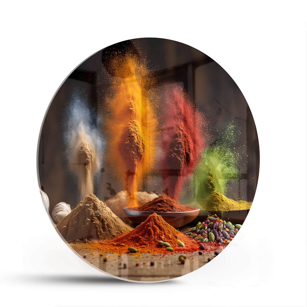 Glazen schilderij met een kleurrijke weergave van specerijen op een houten tafel.