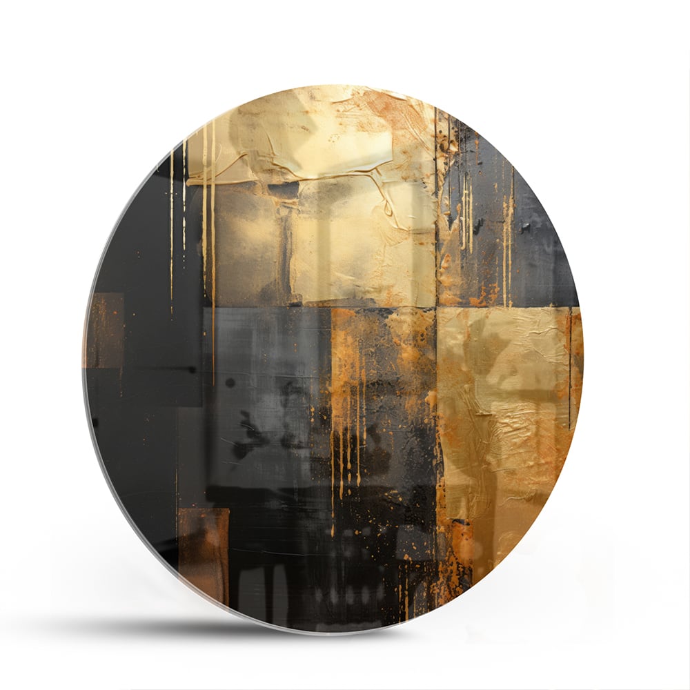 Abstract glazen schilderij in goud en zwart, perfect voor moderne interieurs.