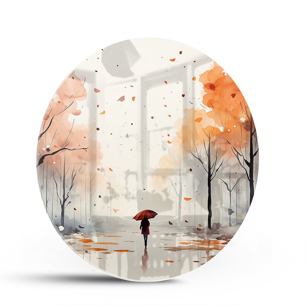 Glazen schilderij van een herfstlandschap met een wandelaar en kleurrijke bomen.