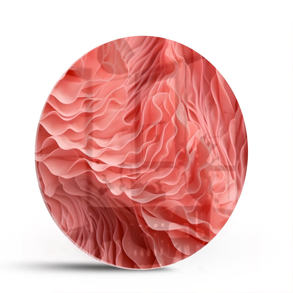 Abstract glazen schilderij in roze met golvende patronen, perfect voor wanddecoratie.