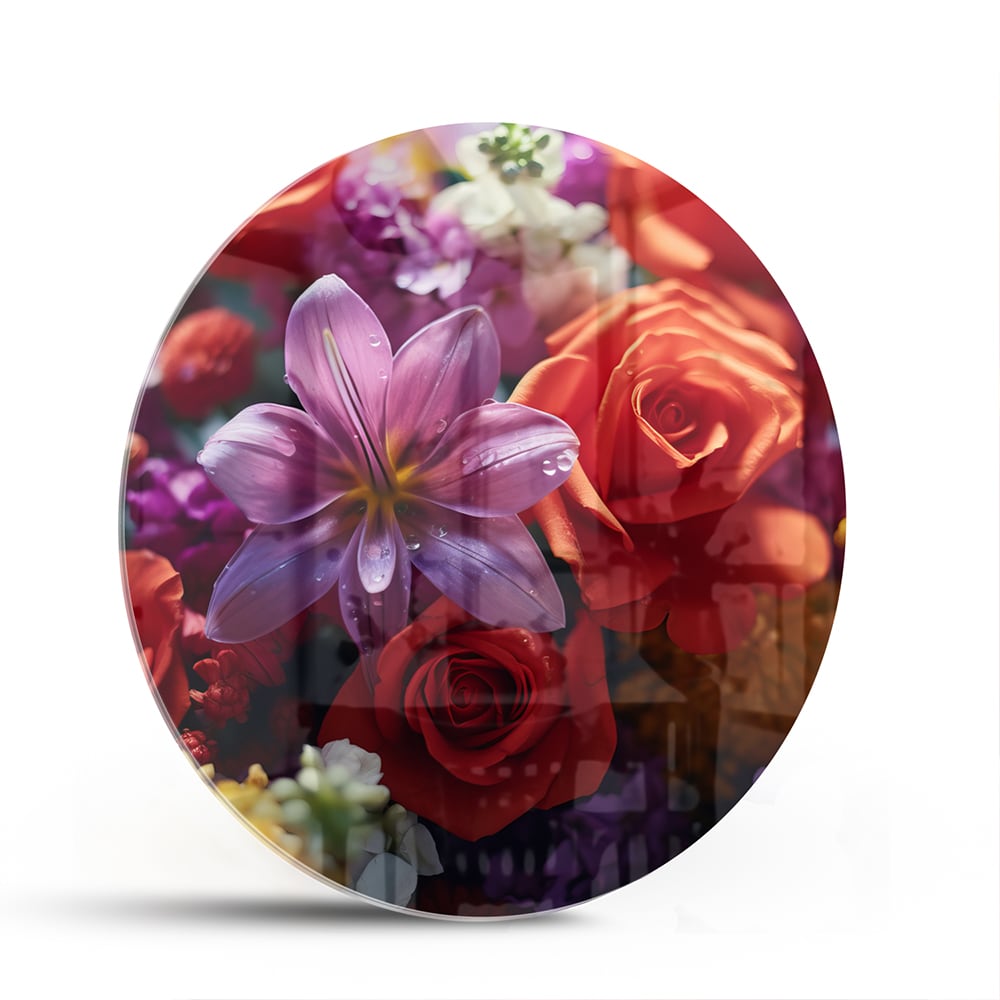Kleurrijk glazen schilderij met een prachtige bloemencompositie.