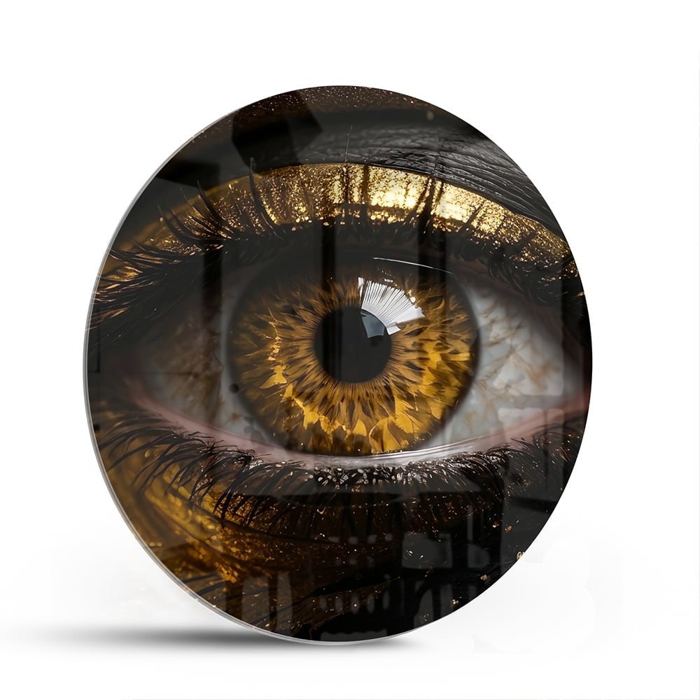 Glazen schilderij van een gouden oog op een zwarte achtergrond, hangt aan de muur.
