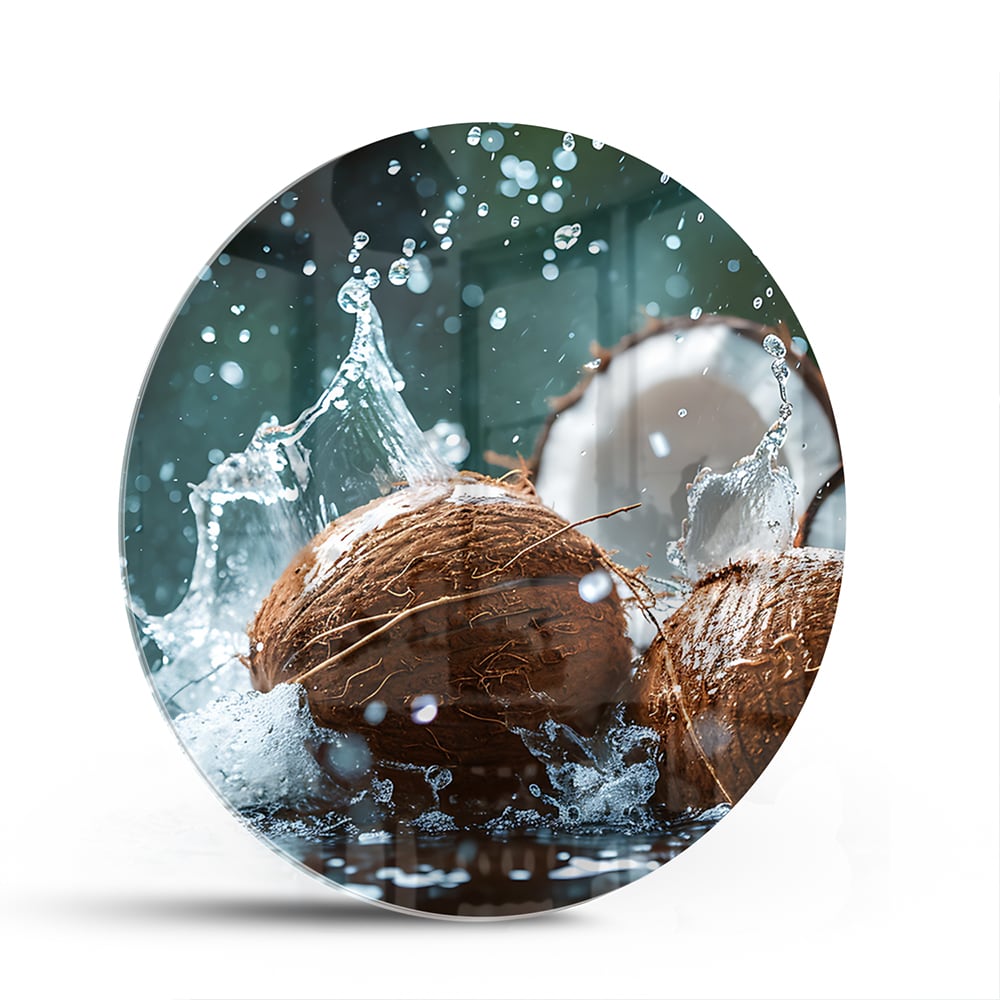 Glas schilderij van kokosnoten met spetters water, perfect voor wanddecoratie.