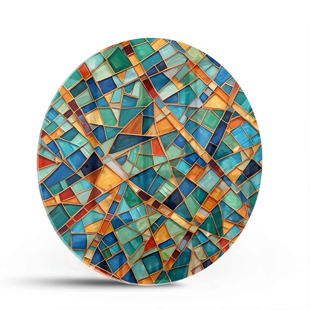 Kleurrijk abstract glazen schilderij aan de muur boven een houten meubel.