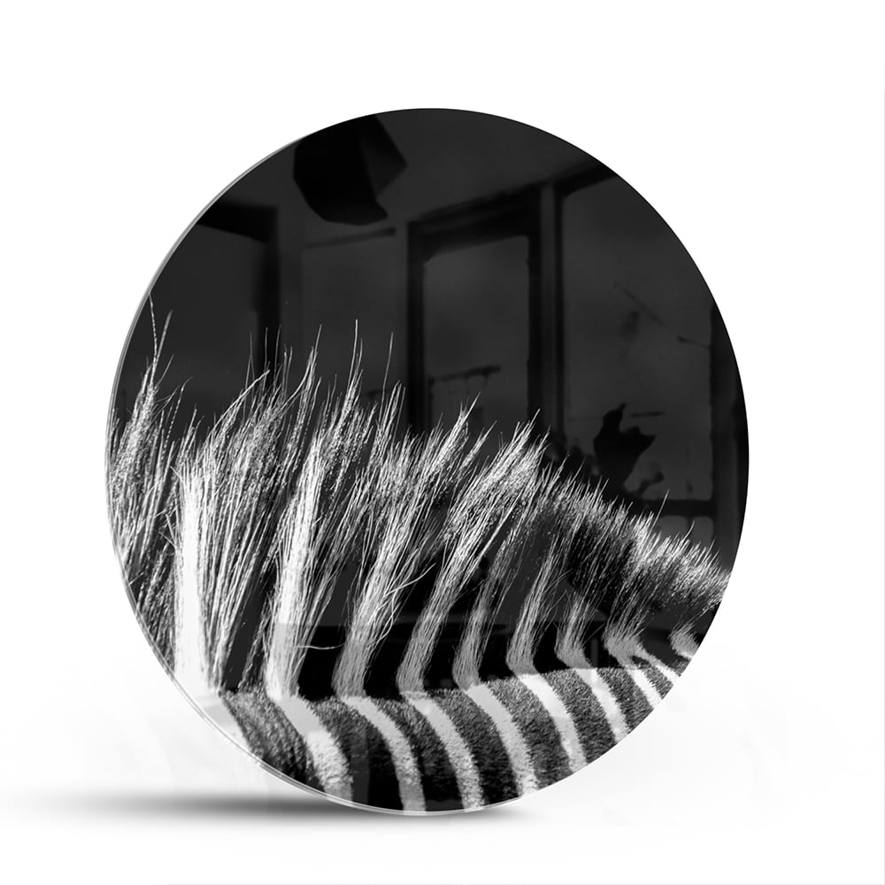 Een modern zwart-wit glazen schilderij met naadloze lijnen aan de muur.