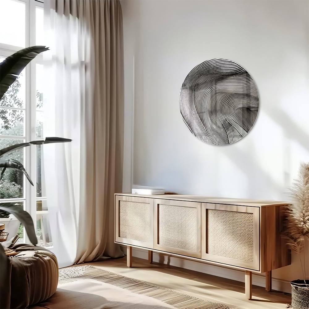 Abstract glazen schilderij met golvende lijnen in een lichte ruimte