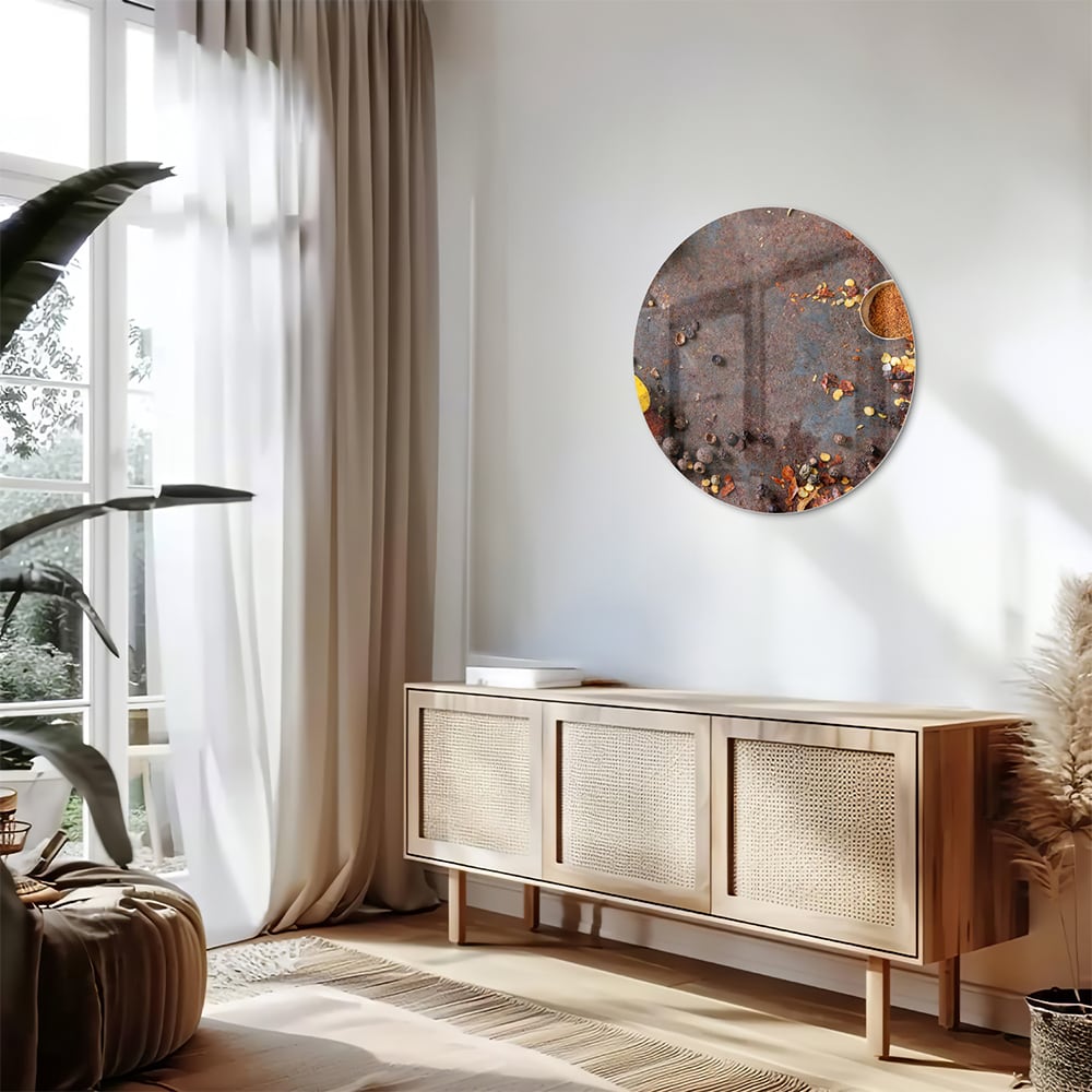 Een kleurrijk glazen schilderij met specerijen en kruiden, perfect voor keukeninrichting.