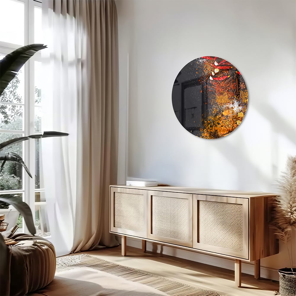 Abstract glazen schilderij met warme kleuren hangt aan de muur