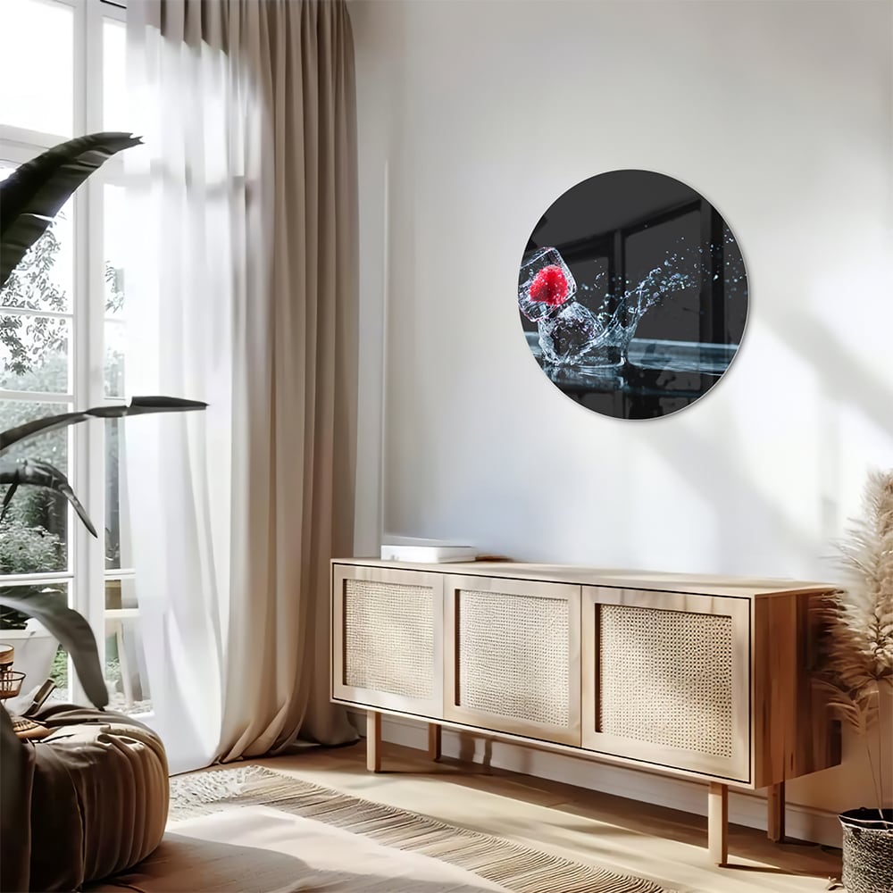 Glazen schilderij van een aardbei die in een glas valt met water splash