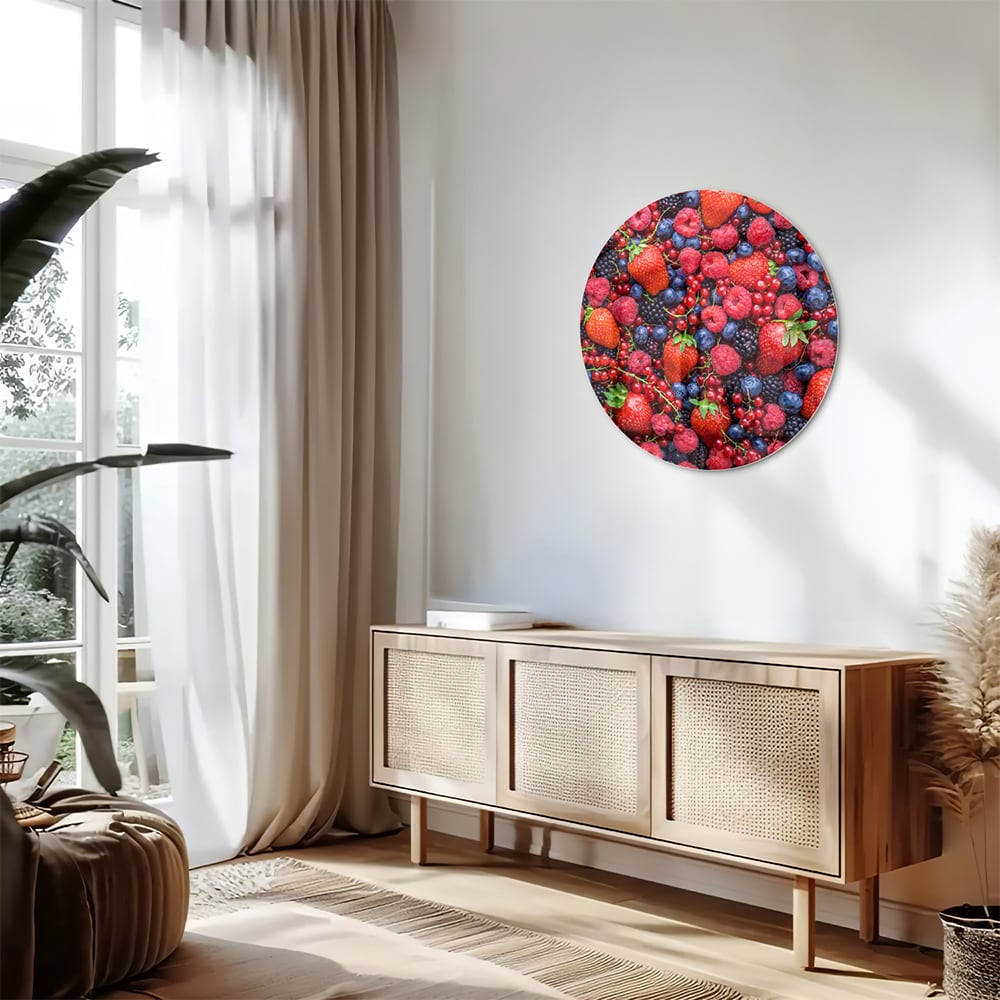 Glazen schilderij met een kleurrijke afbeelding van bessen en fruit