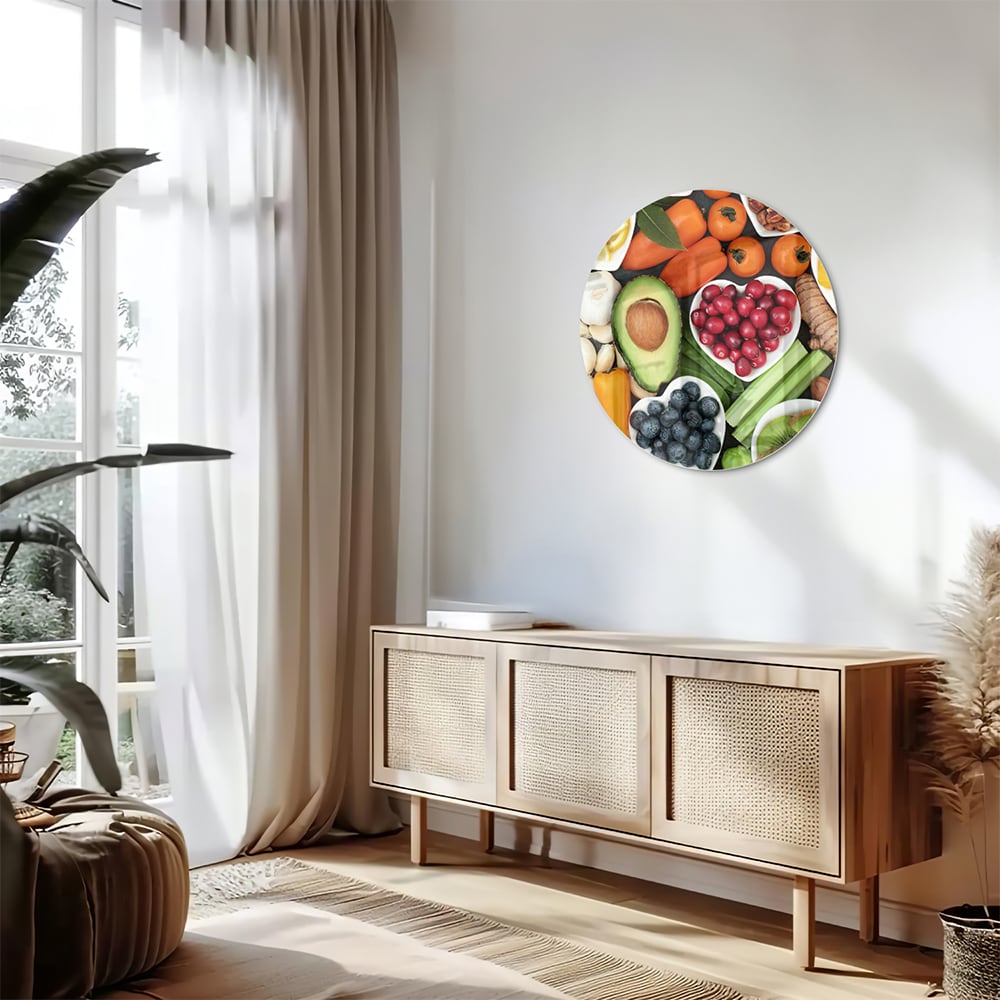 Glazen schilderij met een kleurrijke schikking van fruit en noten.
