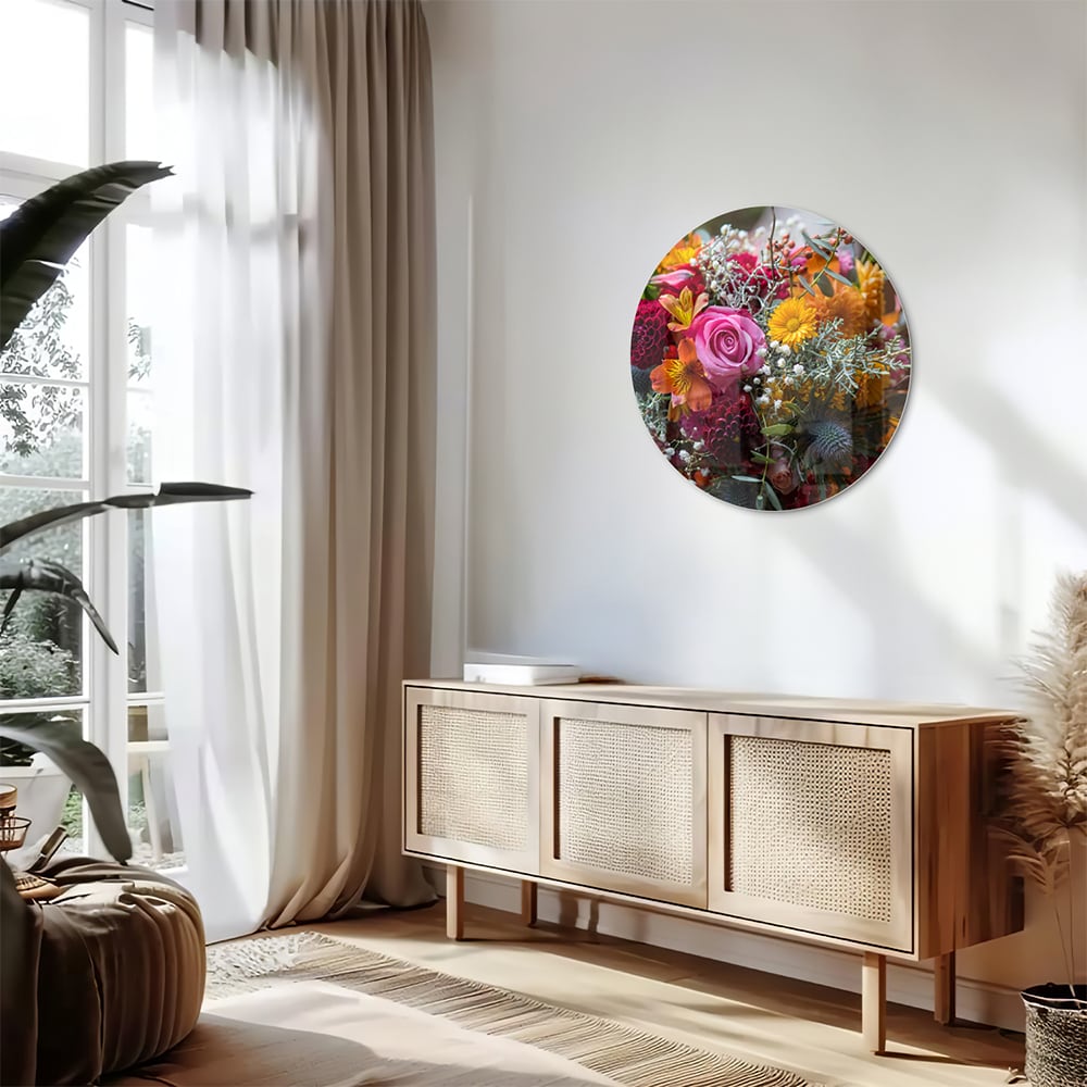 Glazen schilderij met een kleurrijk boeket bloemen aan de muur