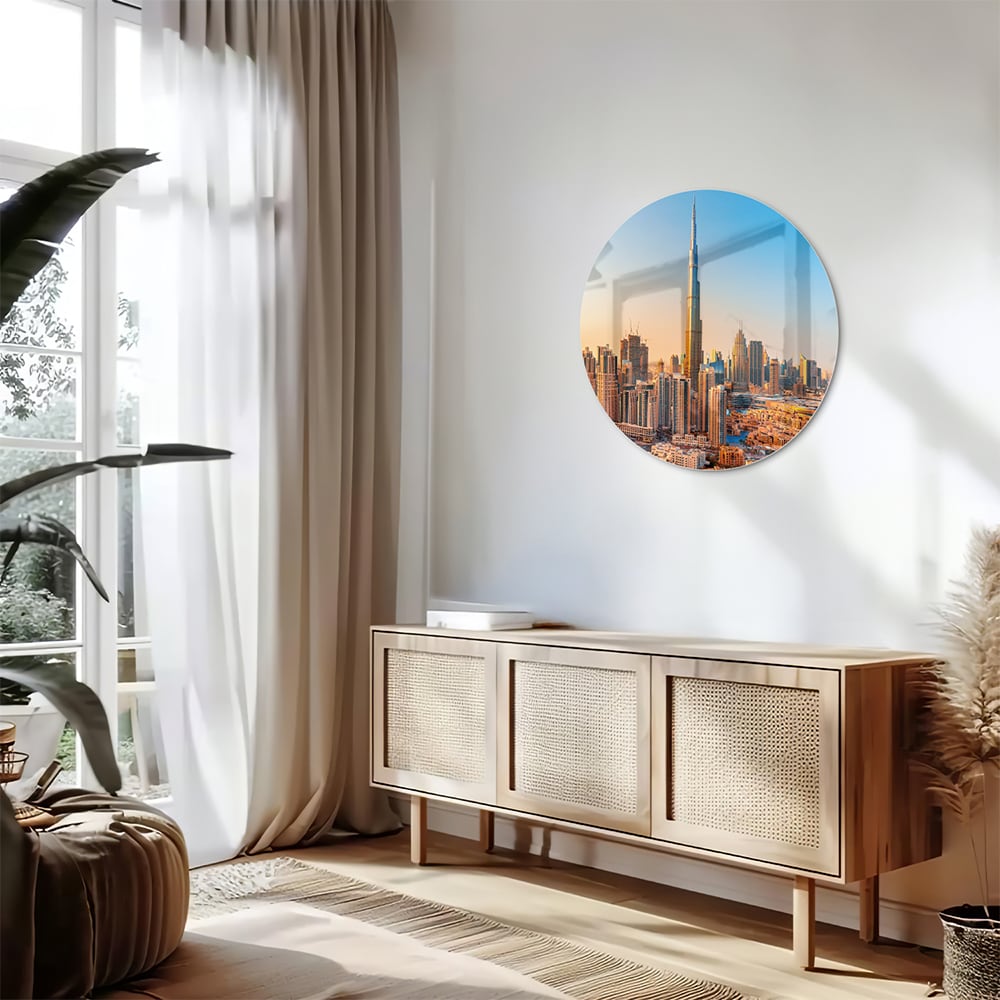 Glazen schilderij van de skyline van Dubai met Burj Khalifa tijdens zonsondergang