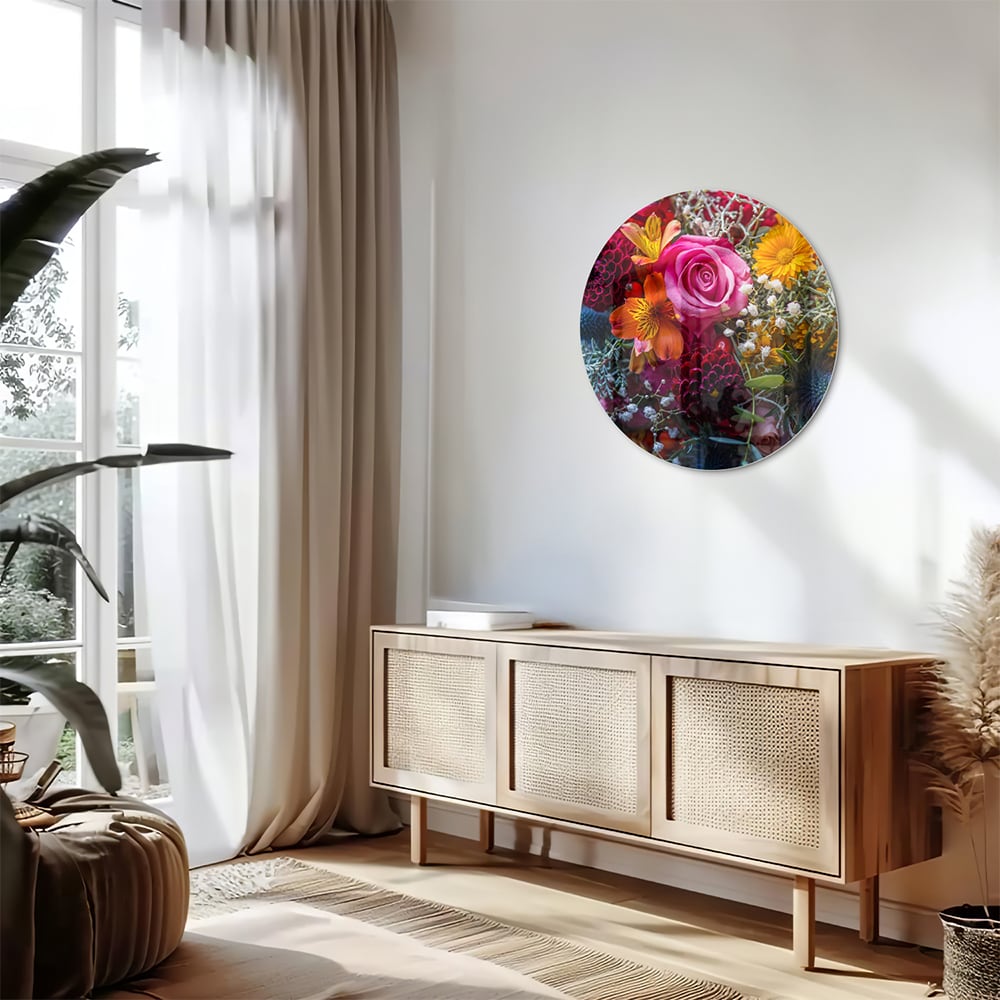 Glazen schilderij met een kleurrijke bloemenmix, inclusief rozen en andere bloemen.