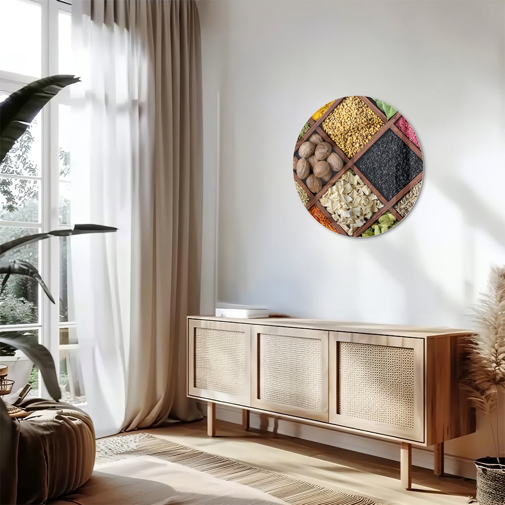Kleurrijk glazen schilderij met verschillende specerijen in vakken