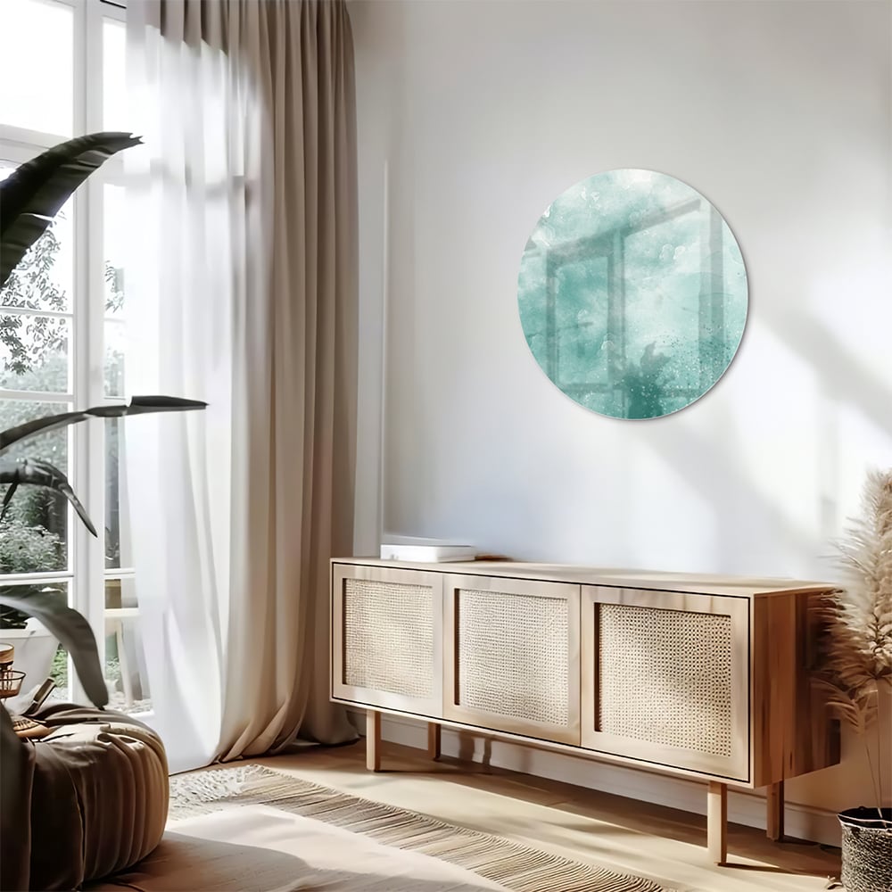 Abstract glazen schilderij in aquablauw kleur, past mooi in een modern interieur.