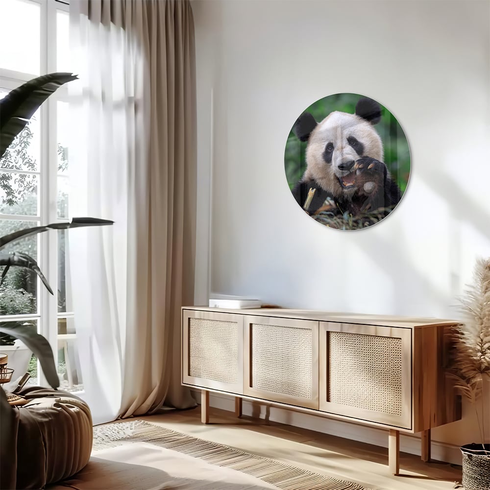 Glazen schilderij met een panda in een groene omgeving, perfect voor mooie interieurdecoratie.