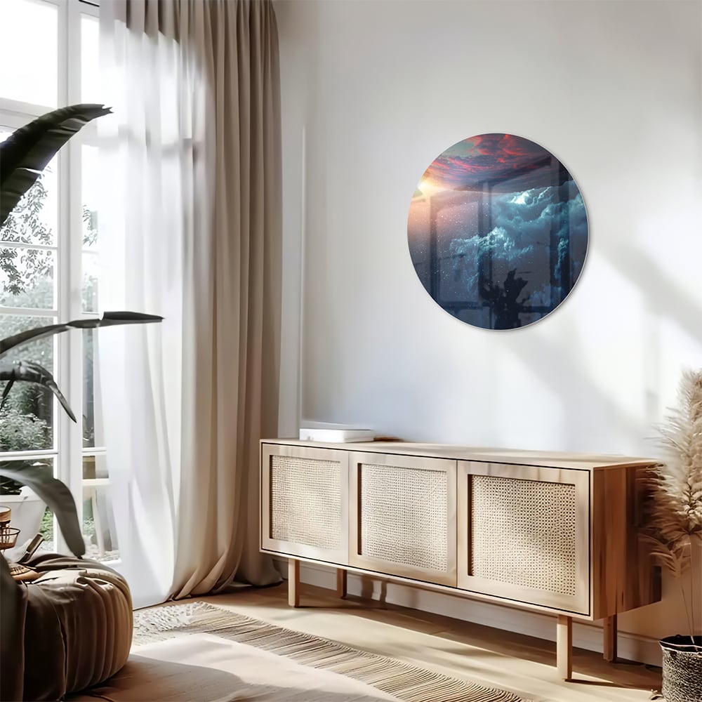Glazen schilderij met een kosmisch uitzicht en kleurrijke lucht in woonkamer.