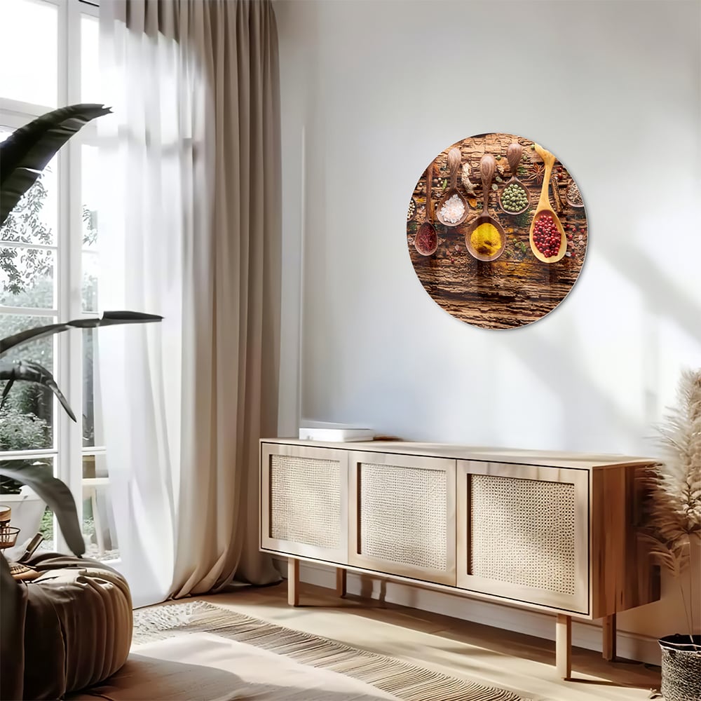 Glazen schilderij met kleurrijke specerijen en houten lepels op een rustieke achtergrond.
