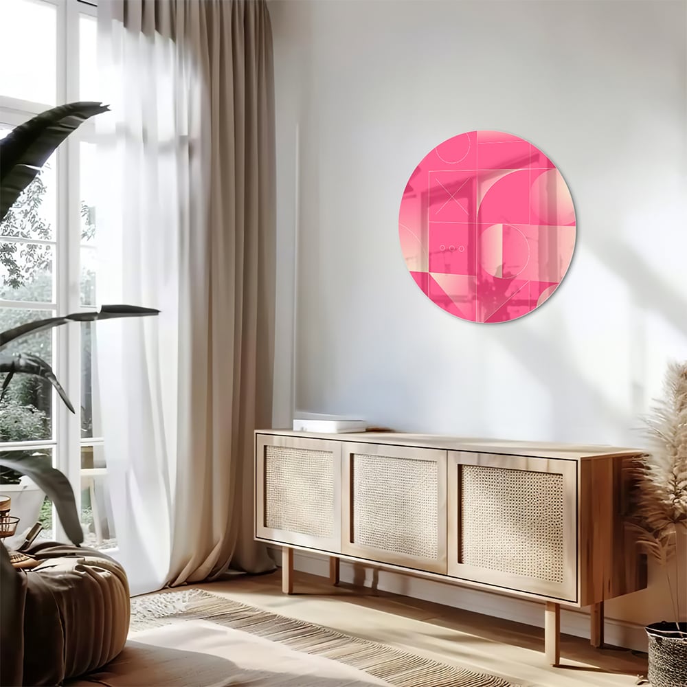 Modern glazen schilderij in frisroze met geometrische vormen.