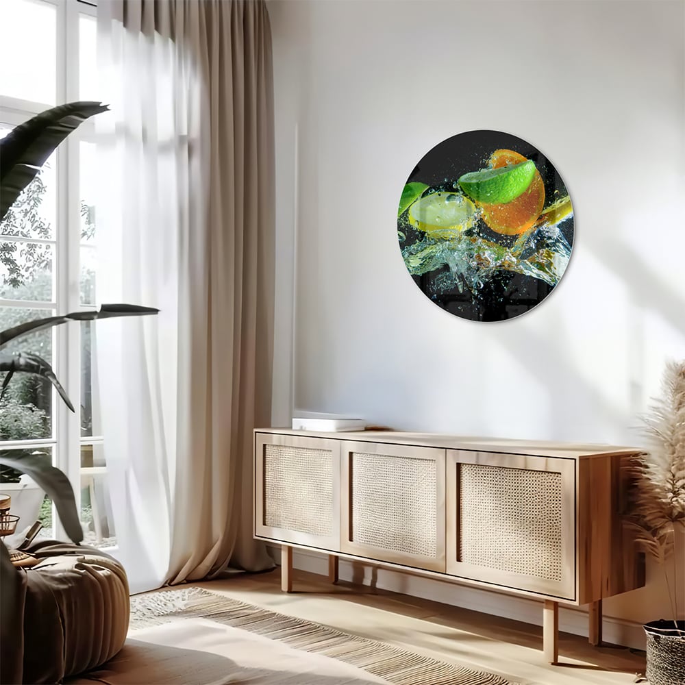 Glas schilderij met kleurrijke citrusvruchten en waterdruppels op een zwarte achtergrond.