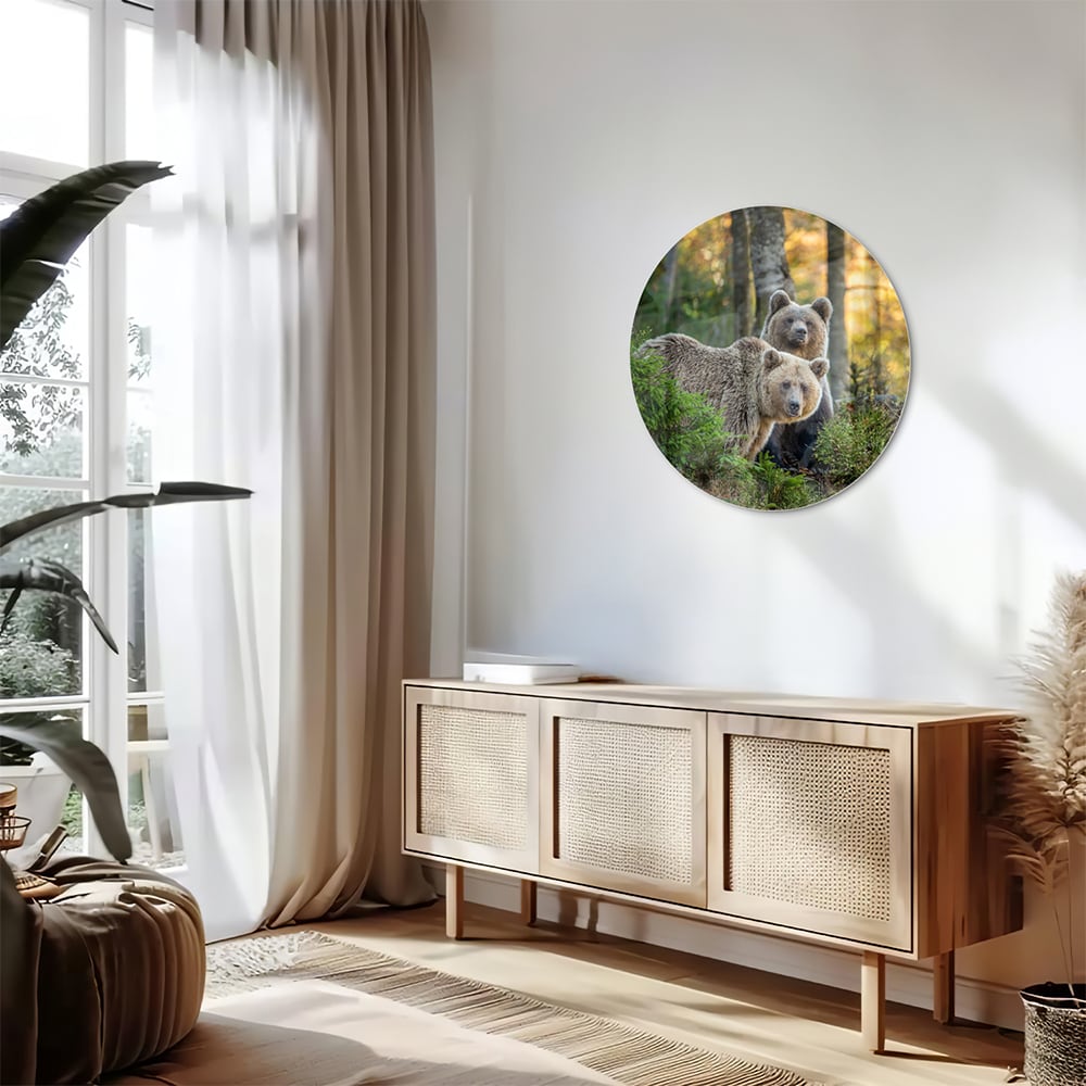 Glazen schilderij met twee schattige beren in een bosrijke omgeving