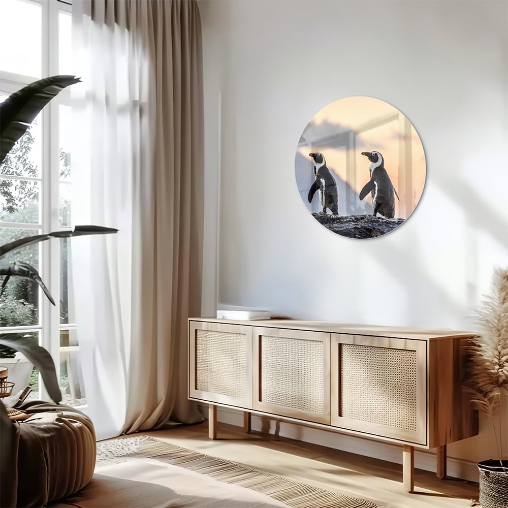 Glazen schilderij van pinguns aan zee met een zonsondergang op de achtergrond