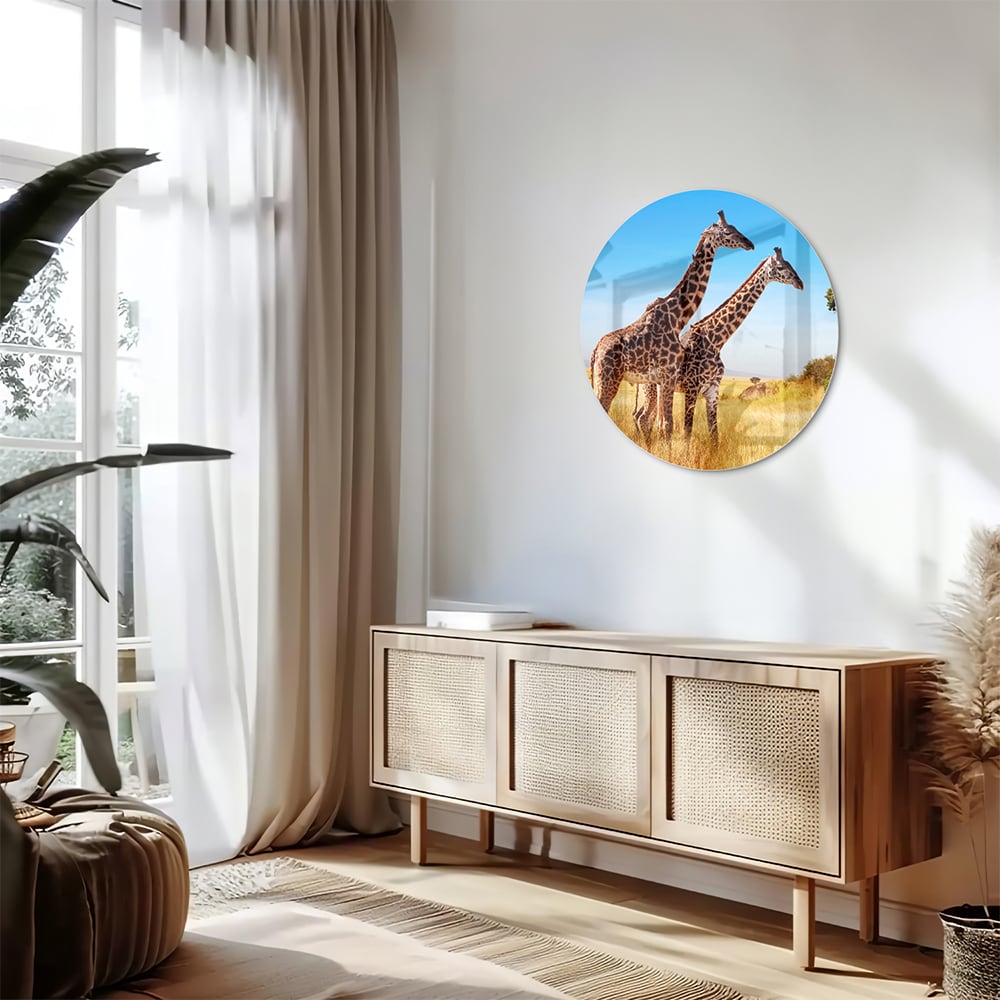 Glazen schilderij van twee giraffen in een Afrikaans landschap