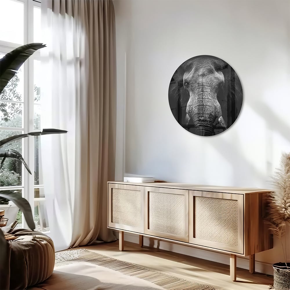 Glazen schilderij van een olifant in zwart-wit, perfect voor interieurdecoratie.