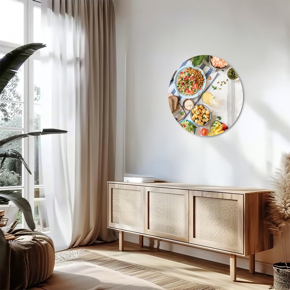 Kleurrijk glazen schilderij met een variteit aan verse gerechten en ingredinten, ideaal voor keukeninspiratie.