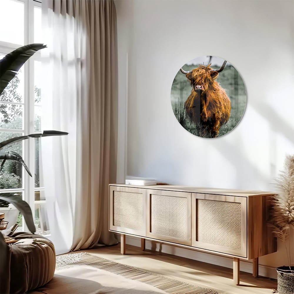 Schots Hooglander schilderij op glas in een groene omgeving.