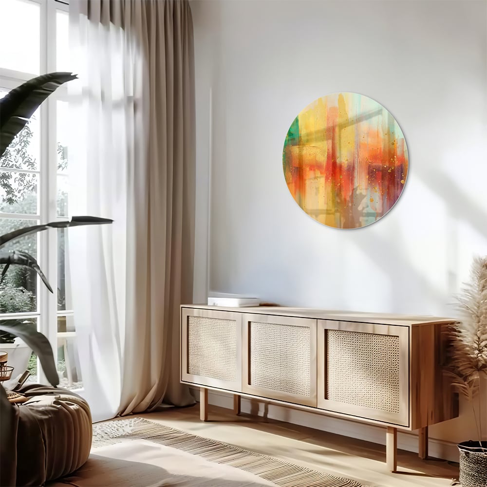 Abstract kleurrijk glazen schilderij aan de muur in een moderne woonkamer.