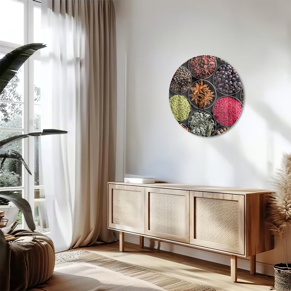 Kleurrijk glazen schilderij met diverse specerijen en kruiden in ronde schaaltjes
