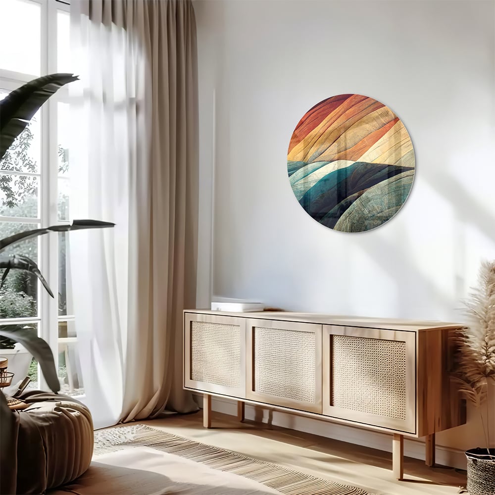 Abstract glazen schilderij met gekleurde golven in een moderne woonkamer.