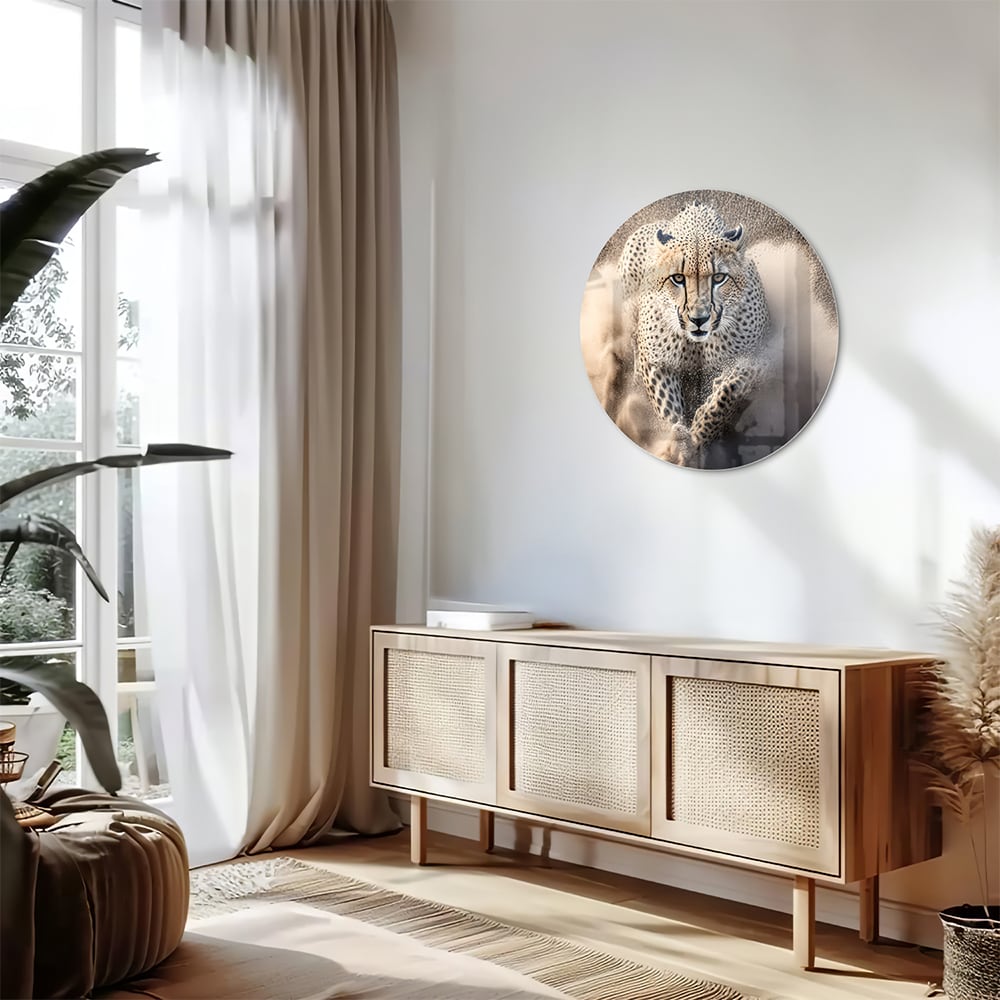 Glazen schilderij van een jachtluipaard die door zand rent in een moderne woonkamer.