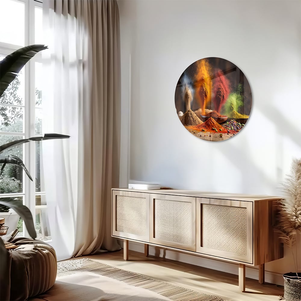 Glazen schilderij met een kleurrijke weergave van specerijen op een houten tafel.
