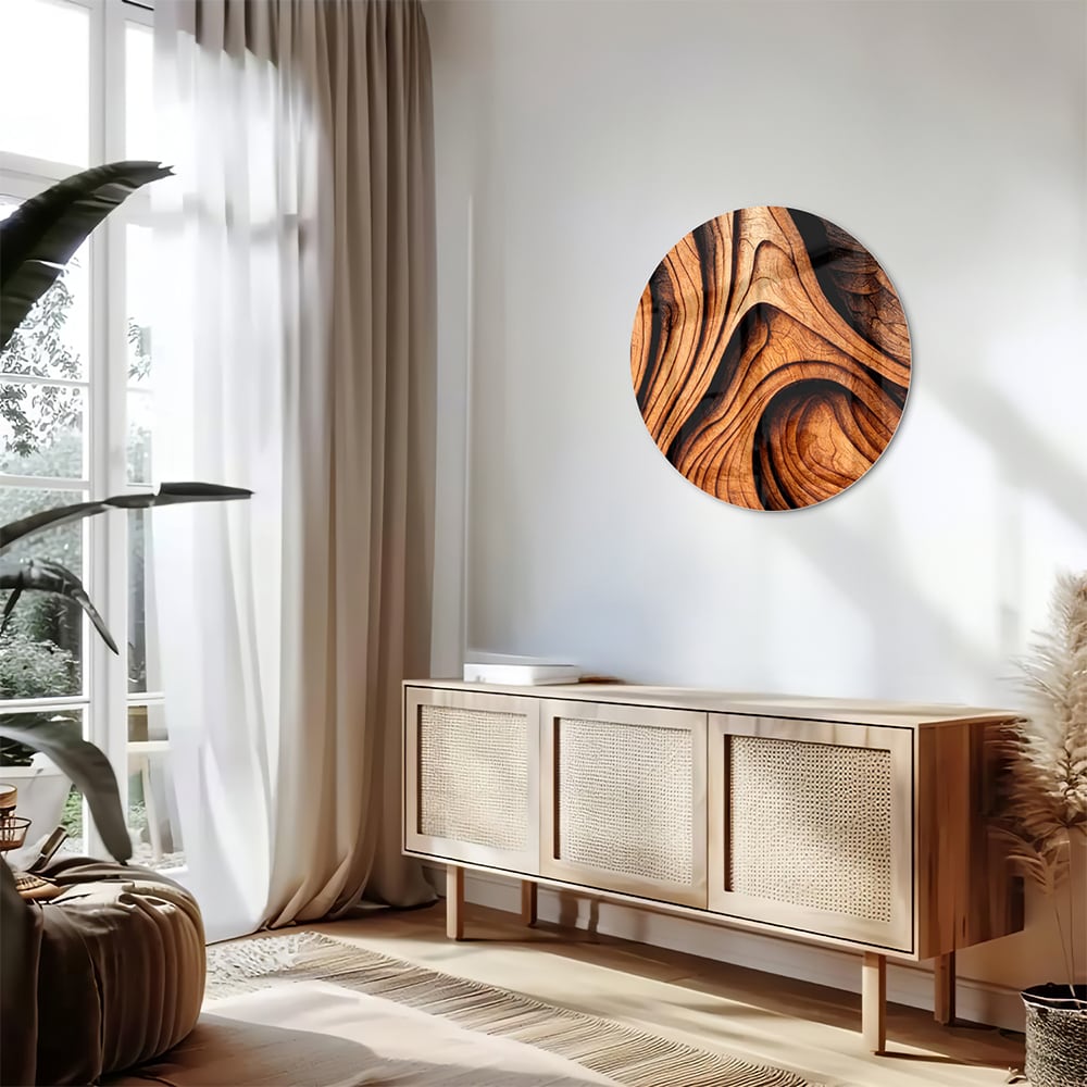 Glas schilderij met houtstrukturen in warme tinten, perfect voor wanddecoratie.