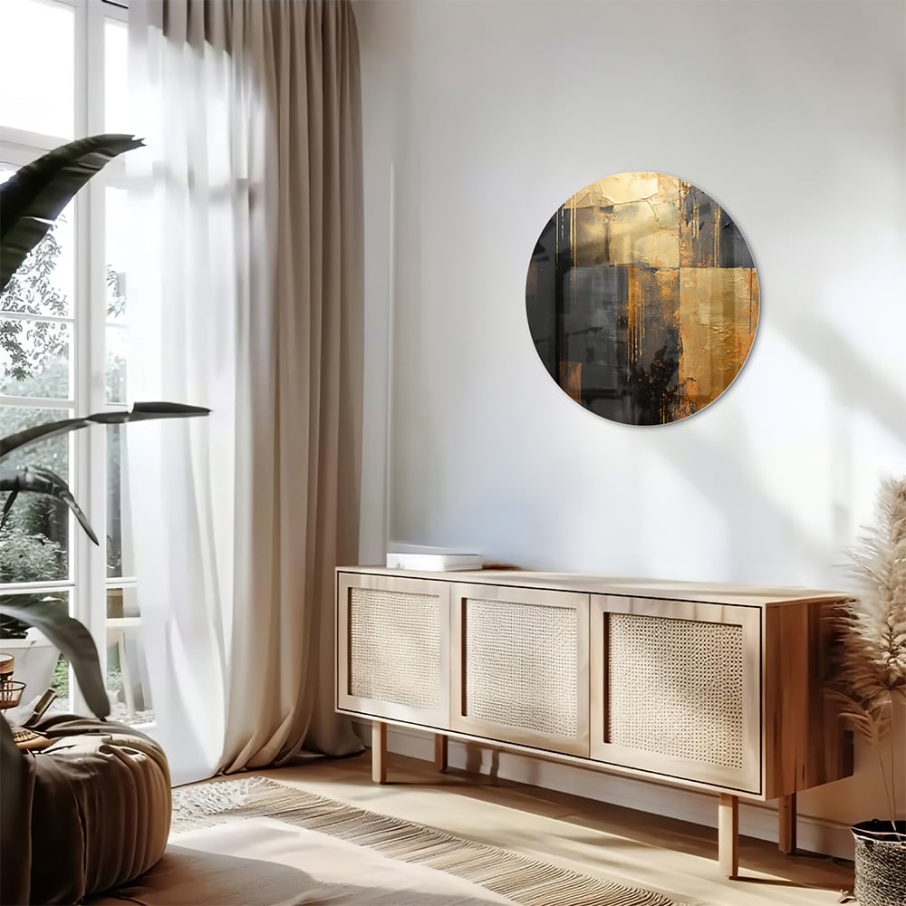 Abstract glazen schilderij in goud en zwart, perfect voor moderne interieurs.