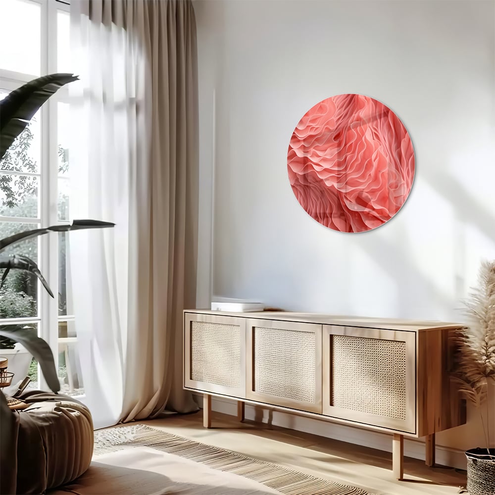 Abstract glazen schilderij in roze met golvende patronen, perfect voor wanddecoratie.