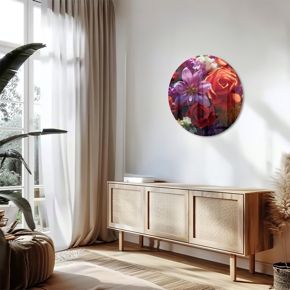 Kleurrijk glazen schilderij met een prachtige bloemencompositie.