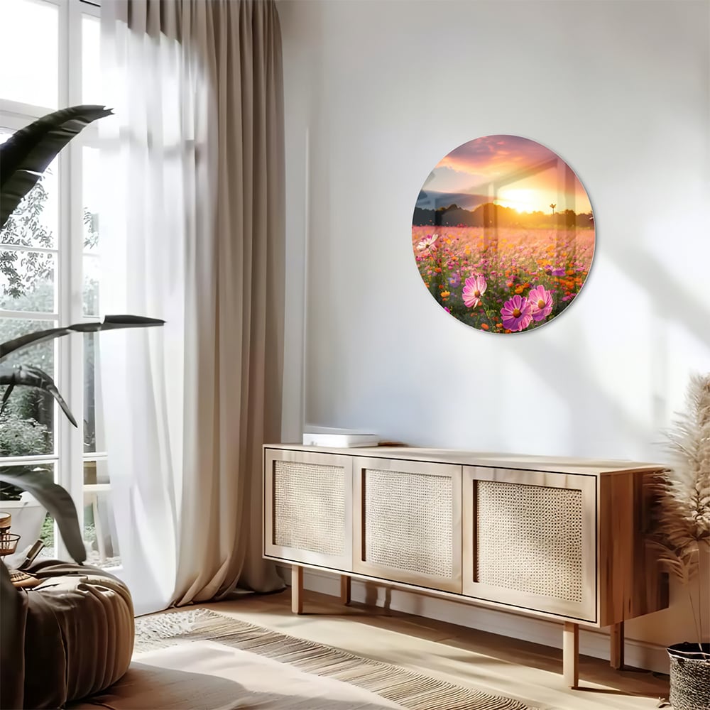 Glazen schilderij van een zonsondergang boven een kleurrijk bloemenveld.