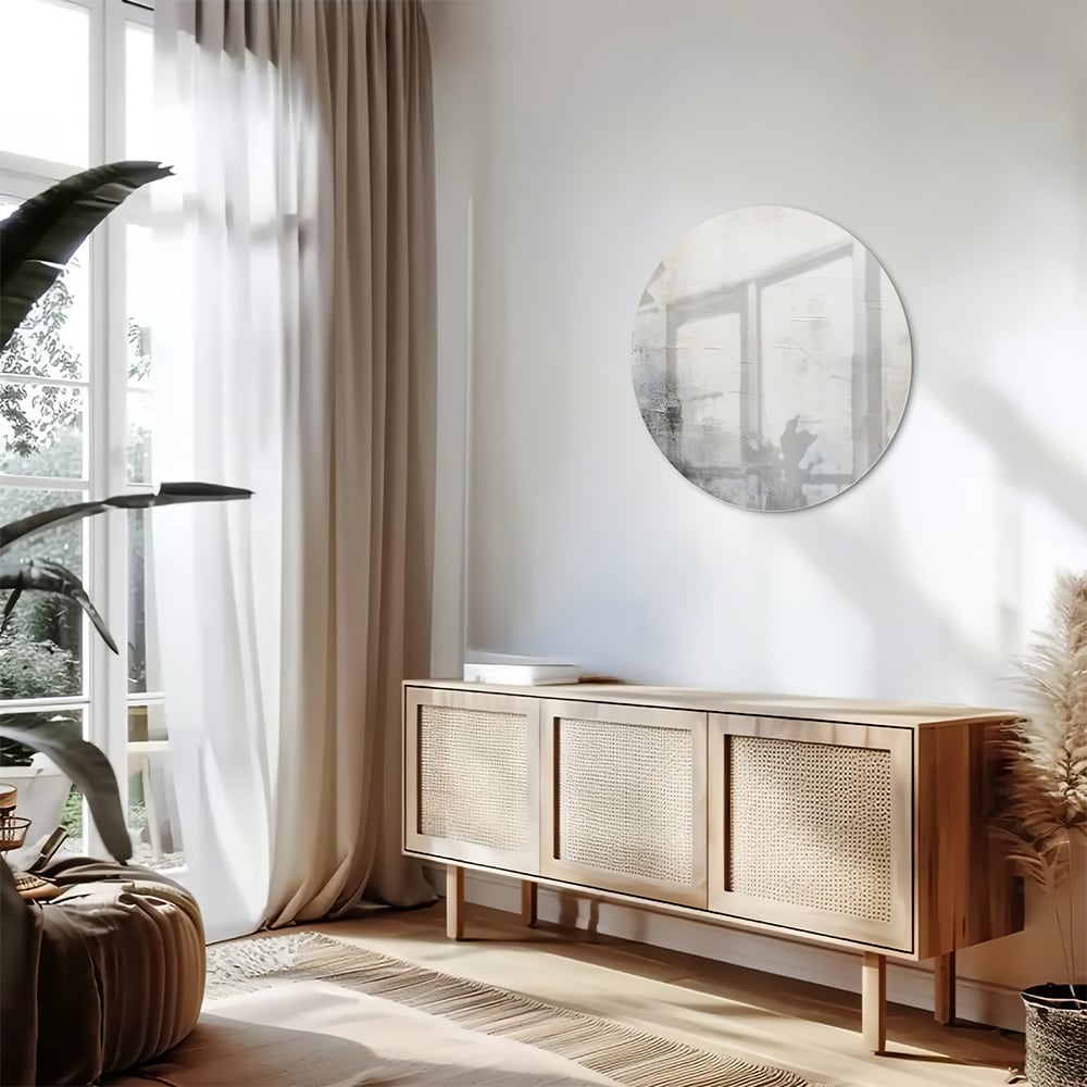 Abstract glazen schilderij met zachte kleuren aan de muur in een moderne woonkamer