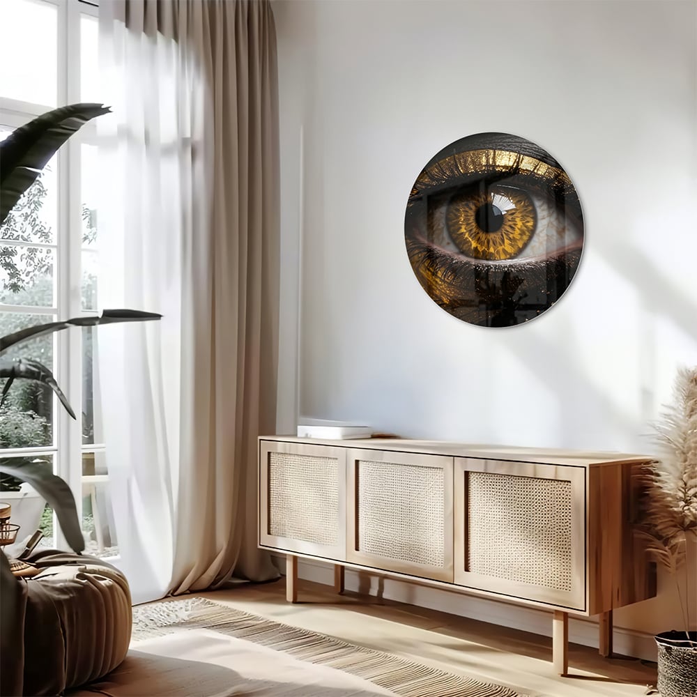 Glazen schilderij van een gouden oog op een zwarte achtergrond, hangt aan de muur.