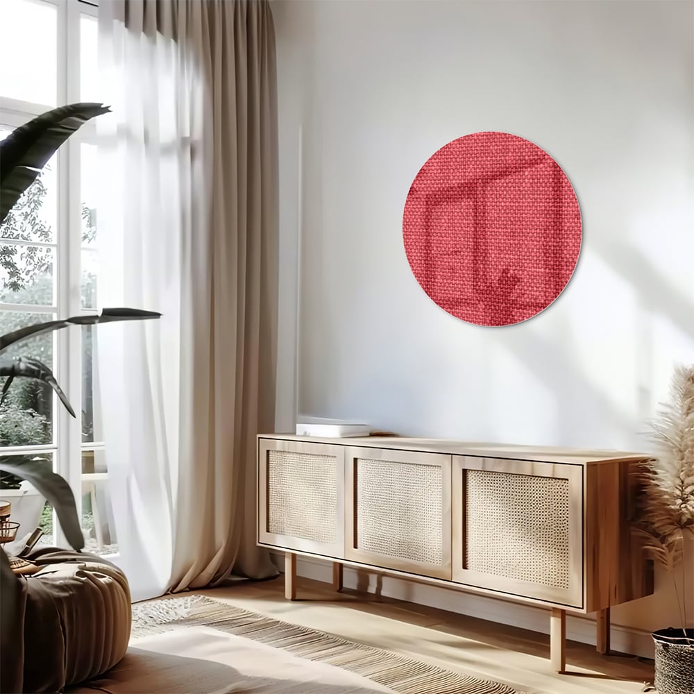 Modern glazen schilderij in helder rood aan de muur boven een licht houten kast.