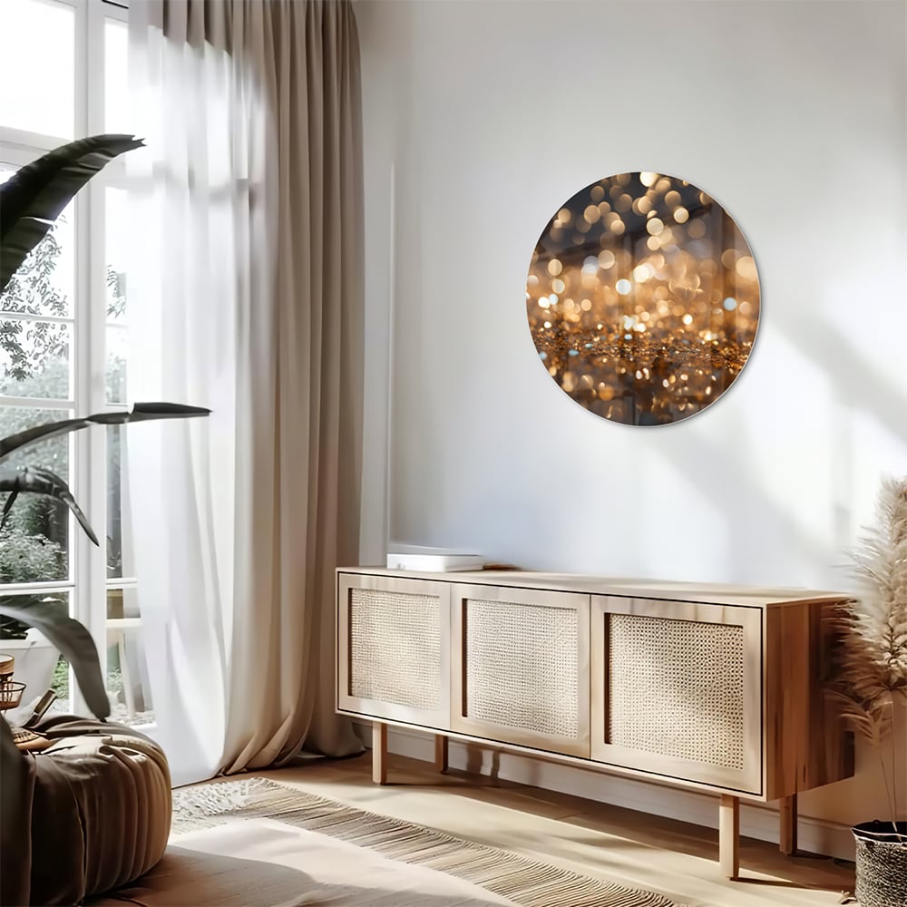 Glazen schilderij met gouden bokeh-effect aan de muur in een moderne woonkamer.