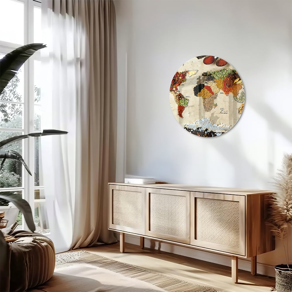 Kleurrijk glazen schilderij met een artistieke weergave van fruit en specerijen aan de muur.